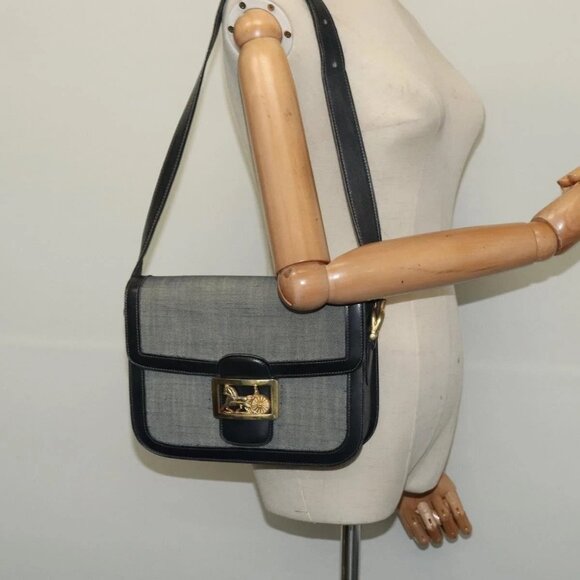 CELINE Shoulder Bag Leather Canvas Navy Gold Auth BD2149 - Picture 3 of 16